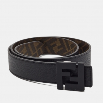 Pre Owned Fendi Black/Tobacco Zucca Coated Canvas and Leather FF Reversible Belt 