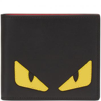 Pre Owned Fendi Black Elite Leather Bag Bugs Eyes Inlay Horizontal Bifold Wallet