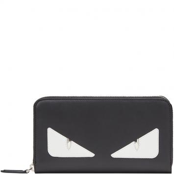 Pre Owned Fendi Black Leather Bag Bugs Eyes Zip-Around Wallet