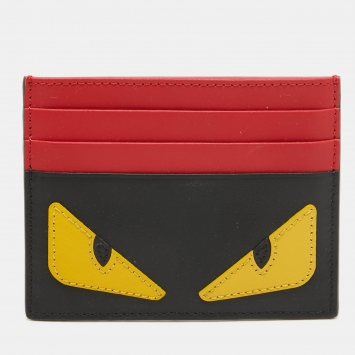 Pre Owned Fendi Black/Red Leather Monster Eyes Card Holder