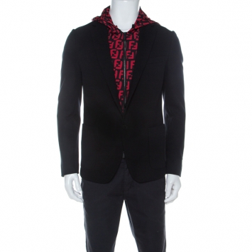 Pre Owned Fendi Black and Red Stretch Jersey Zucca Printed Hooded Blazer L