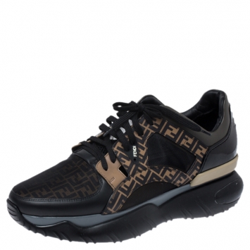Pre Owned Fendi Black/Brown Zucca Monogram Leather, Mesh, Patent Leather Chunky Sneakers Size 45