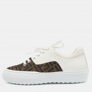 Pre Owned Fendi White/Brown FF Canvas and Leather Motif Lace Up Sneakers Size 44