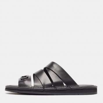 Pre Owned Fendi Black Leather Crisscross Flat Slides Size 41