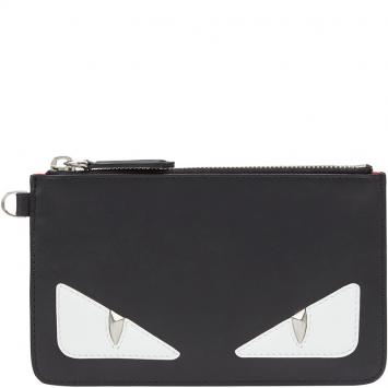 Pre Owned Fendi Black Leather Bag Bugs Eyes Slim Pouch
