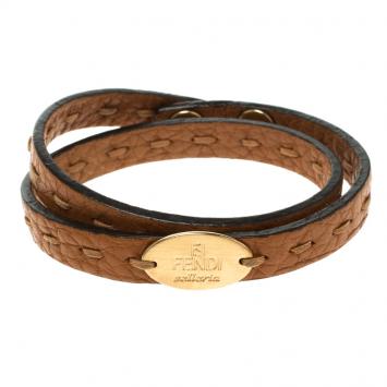 Pre Owned Fendi Selleria Brown Leather Double Wrap Bracelet 