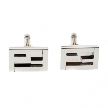 Pre Owned Fendi FF Silver Tone Rectangular Cufflinks