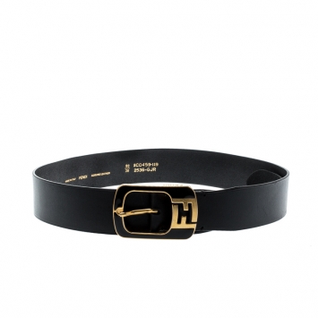 Pre Owned Fendi Black Leather Logo Buckle Belt 90CM