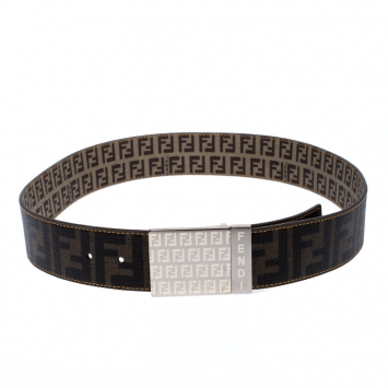 Pre Owned  Fendi Brown/Beige Zucca Coated Canvas Reversible Buckle Belt 90CM