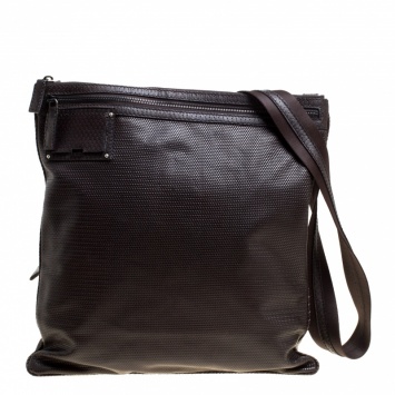 Pre Owned Fendi Dark Brown Woven Embossed Leather Flat Messenger Bag