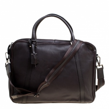 Pre Owned Fendi Dark Brown Woven Embossed Leather Laptop Bag