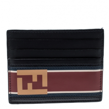 Pre Owned Fendi Black Leather FF Logo Red Stripe Card Case