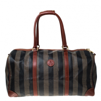 Pre Owned  Fendi Brown/Black Pequin Stripe Coated Canvas and Leather Boston Duffle Bag