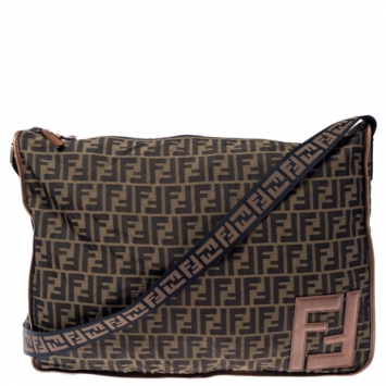Pre Owned Fendi Brown Zucca Canvas Zip Messenger Bag
