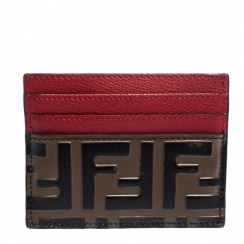 Pre Owned Fendi Red/Brown Zucca Print Leather Card Holder