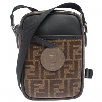 Pre Owned Fendi Brown/Black Coated Canvas and Leather Small FF Crossbody Bag