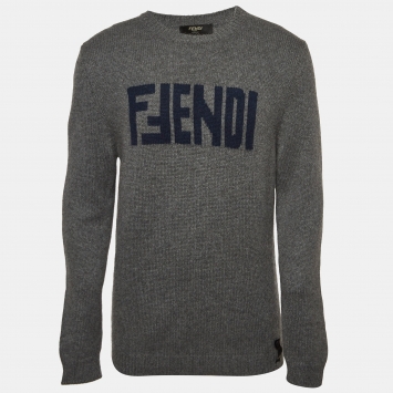 Pre Owned Fendi Grey Logo Intarsia Cashmere Knit Sweater M