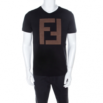 Pre Owned Fendi Black Cotton Jersey Logo Appliqued T-Shirt M 
