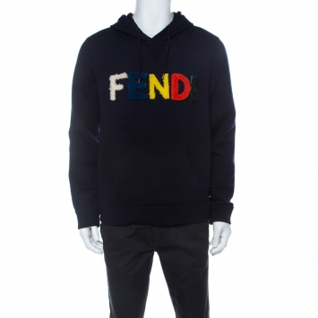 Pre Owned Fendi Navy Blue Wool Shearling Velcro Logo Hoodie L
