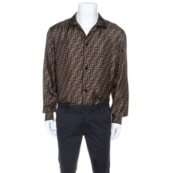 Pre Owned Fendi Brown FF Logo Printed Silk Long Sleeve Shirt XXL