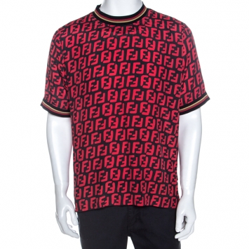 Pre Owned Fendi Red And Black Printed Crepe Forever T-Shirt M
