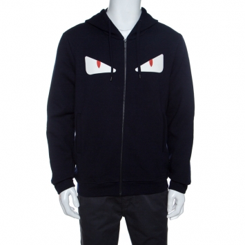 Pre Owned Fendi Navy Blue Wool Eyes Applique Detail Hooded Jacket XL