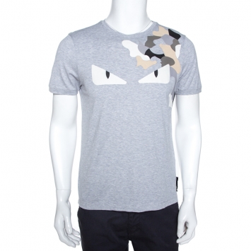 Pre Owned Fendi Grey Cotton Bag Bugs Leather Applique Detail T-Shirt M