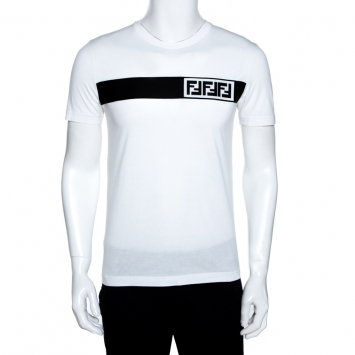 Pre Owned Fendi White Cotton FF Logo Block Appliqued T-Shirt M
