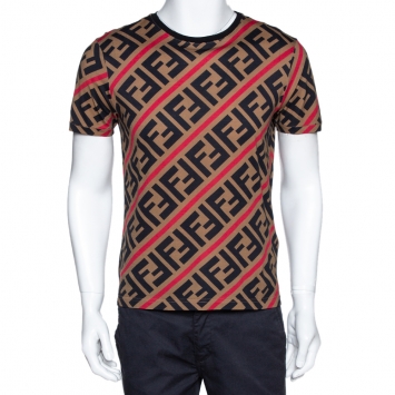 Pre Owned Fendi Brown Diagonal Zucca Monogram Crew Neck T Shirt M