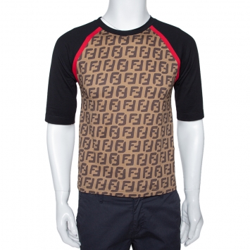 Pre Owned Fendi Brown FF Logo Print Cotton Raglan Sleeve T-Shirt XS