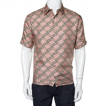 Pre Owned Fendi Pale Pink Logo Printed Silk Satin Short Sleeve Shirt M