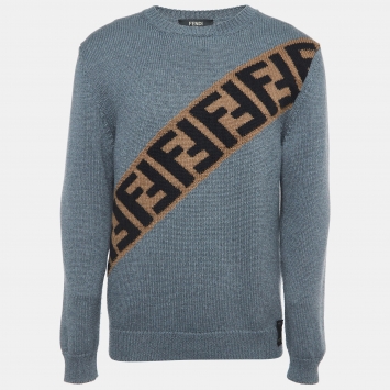 Pre Owned Fendi Grey Logo Jacquard Wool Knit Pullover M