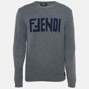 Pre Owned Fendi Grey Logo Intarsia Cashmere Knit Sweater M