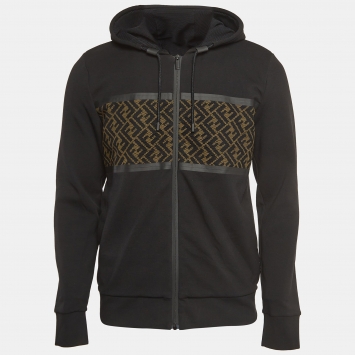Pre Owned Fendi Black Knit and FF Mesh Paneled Zip Up Hoodie S