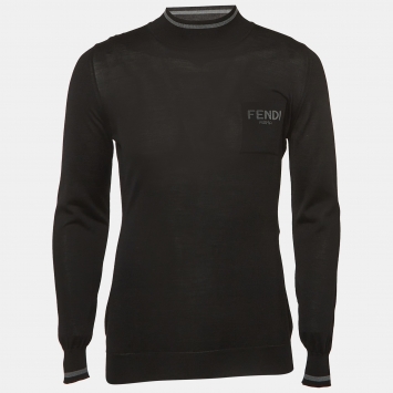 Pre Owned Fendi Black Logo Intarsia Knit Turtleneck Pullover S