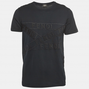 Pre Owned Fendi Black Logo Embroidered Cotton Jersey T-Shirt L
