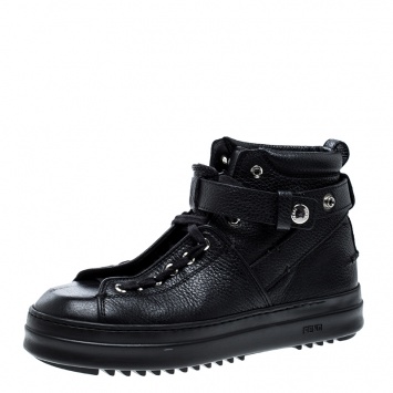 Pre Owned Fendi Black Leather Lace Up High Top Sneakers Size 41