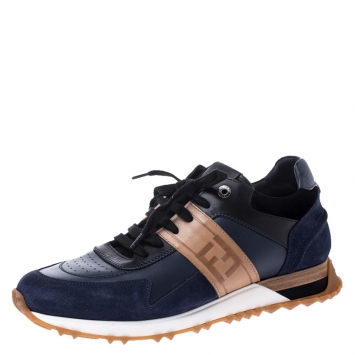 Pre Owned Fendi Blue Suede and Leather FF Logo Band Lace Up Sneakers Size 42