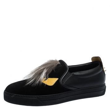 Pre Owned Fendi Black/Yellow Leather and Suede Fur Detail Monster Slip On Sneakers Size 42