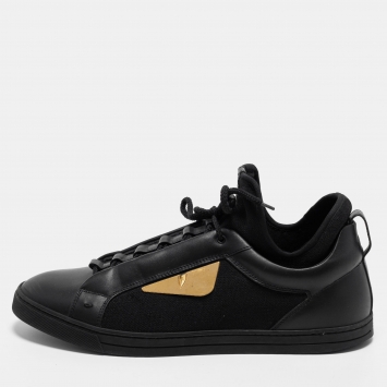 Pre Owned Fendi Black Leather and Fabric Monster Eye Mid Top Sneakers Size 43
