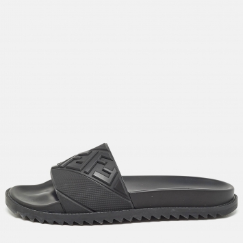 Pre Owned Fendi Black Rubber FF Logo Flat Slides Size  43