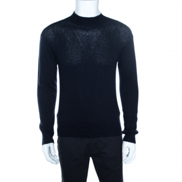 Pre Owned Giorgio Armani Navy Blue Cashmere and Silk Knit High Neck Sweater M