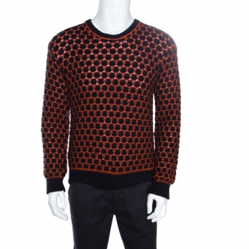 Pre Owned Giorgio Armani Navy Blue And Orange Patterned Knit Crew Neck Sweater L
