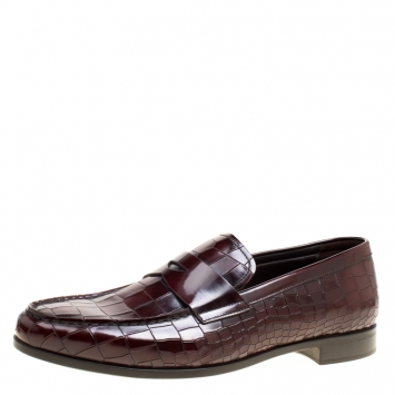 Pre Owned Giorgio Armani Maroon Croc Embossed Leather Penny Loafers Size 43.5