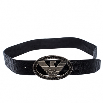 Pre Owned Giorgio Armani Black Crocodile Embossed Leather Eagle Buckle Belt 110CM