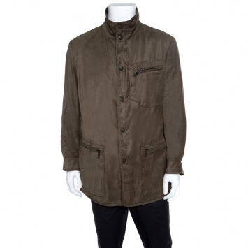Pre Owned Giorgio Armani Olive Green Faux Suede Zip Front Jacket XXL