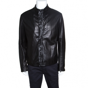 Pre Owned Giorgio Armani Black Lambskin Leather Concealed Zip Front Jacket XXL