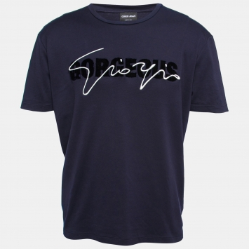 مملوكة مسبقًا Giorgio Armani Navy Blue Cotton Knit Logo Detail T-Shirt 3XL
