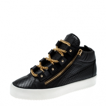 Pre Owned Giuseppe Zanotti Black Leather London Birel Chain Embellished High Top Sneakers Size 43.5