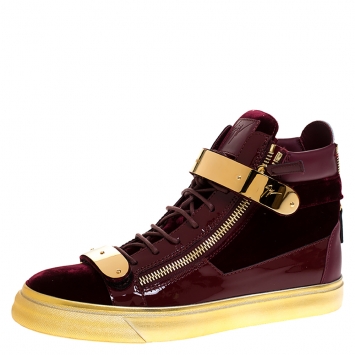 Pre Owned Giuseppe Zanotti Burgundy/Gold Velvet and Patent Leather Coby High Top Sneakers Size 43.5
